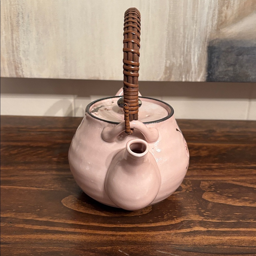 Vintage Sousaku Japan Ceramic Pink Teapot Cherry Blossoms Bamboo Handle - Picture 4 of 8
